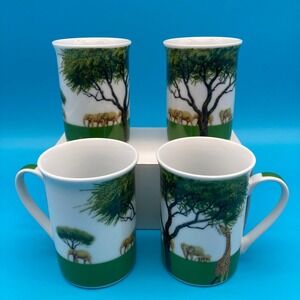 Set of 4 Stokes Porcelain Safari Coffee Mugs Tea Cups Elephants Giraffe